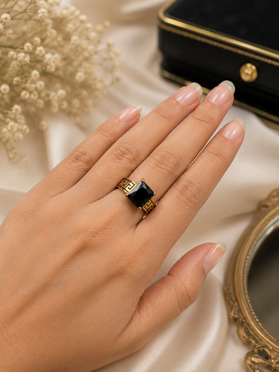 4 Greek Key Black Stone Statement Ring - Image 1