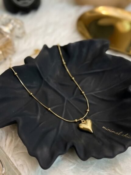 Golden Puffed Heart Beaded Chain Necklace