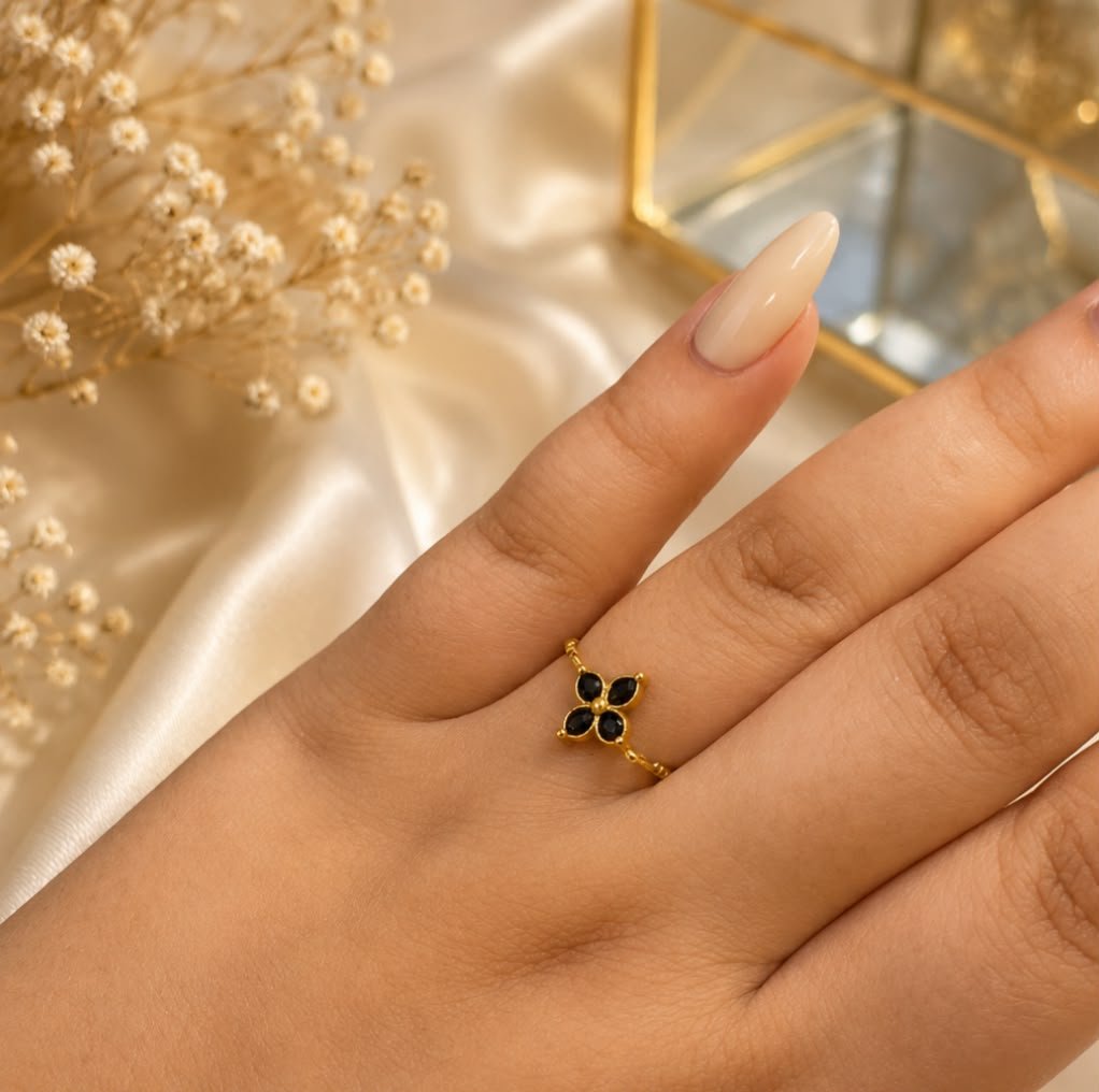 WhatsApp Image 2026-08-02 at 5.22.05 AM Golden Black Blossom Flower Chain Ring - Image 1