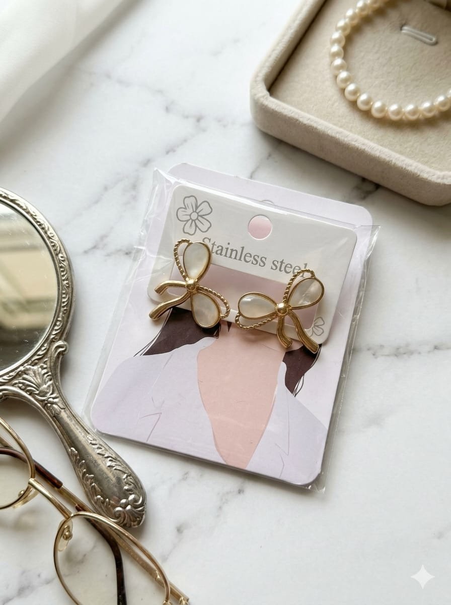 WhatsApp Image 2026-08-06 at 1.10.13 PM Gold and Mother-of-Pearl Bow Earrings - Image 1