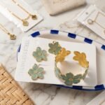 Golden & Sage Green Enamel Blossom Jewelry Set