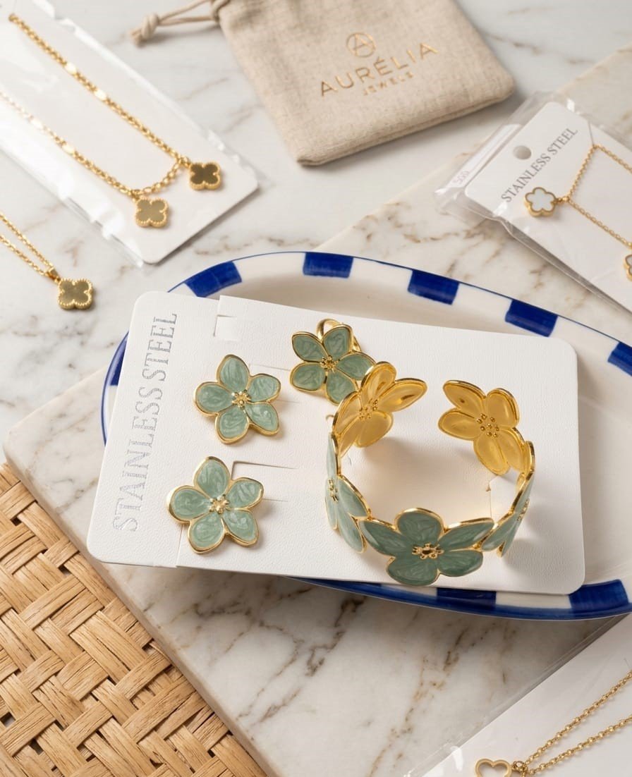 WhatsApp Image 2026-08-19 at 1.46.34 PM (1) Golden & Sage Green Enamel Blossom Jewelry Set - Image 1