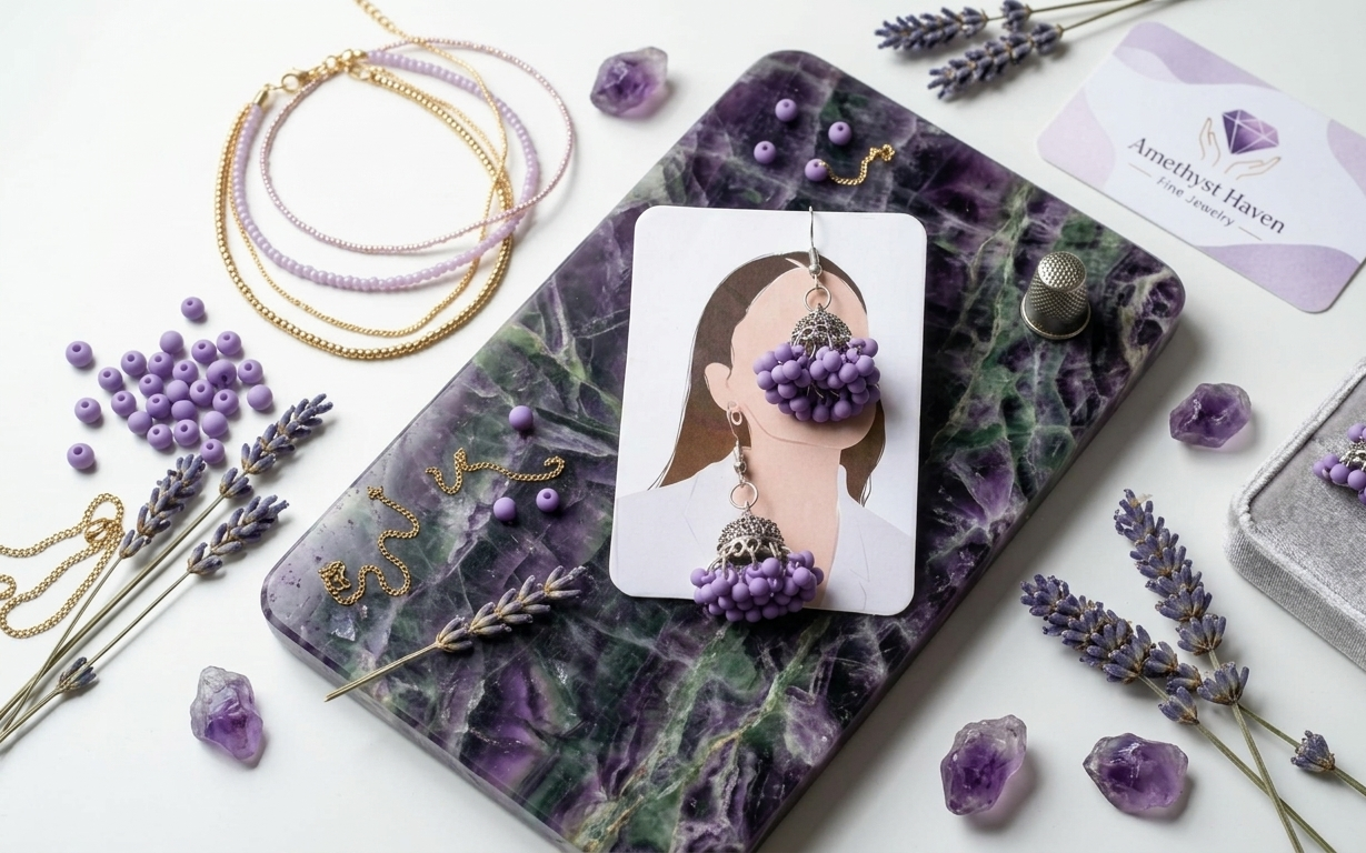 purple Purple Beaded Drop Earrings - Image 1